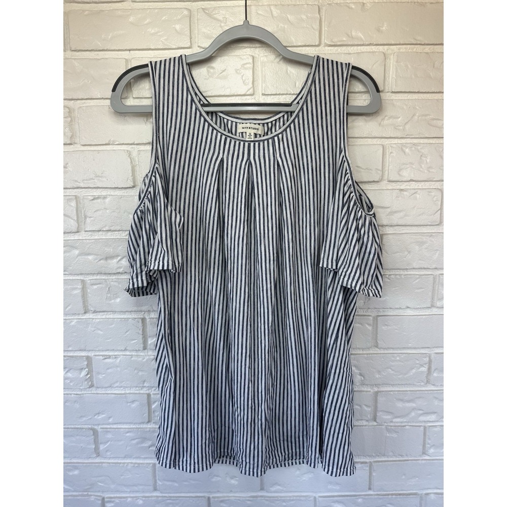 Max Studio Women's Blue White Stripe Cold Shoulder Top Size 1X Coastal Chic